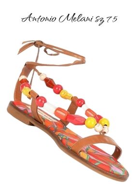 Antonio Melani Loola Beaded Leather Ankle Wrap Flat Sandals Multi Color Sz 7.5